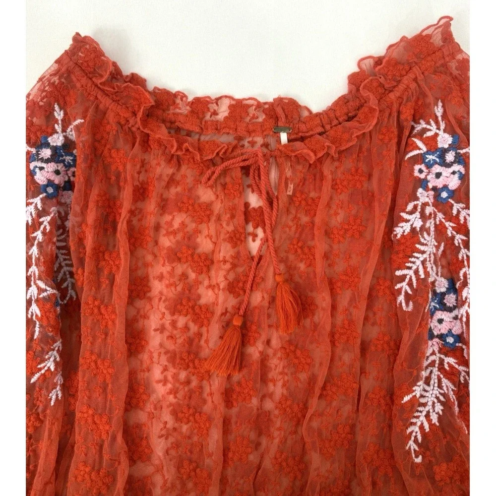 Free People Jubilee Red Sheer‎ Mesh Embroidered Top Blouse Crop Womens Size M